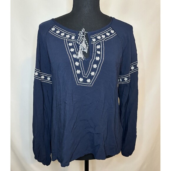 ABERCROMBIE & FITCH Blue Embroidered Long Sleeve Boho Open Back Top Women SMALL - Picture 1 of 10